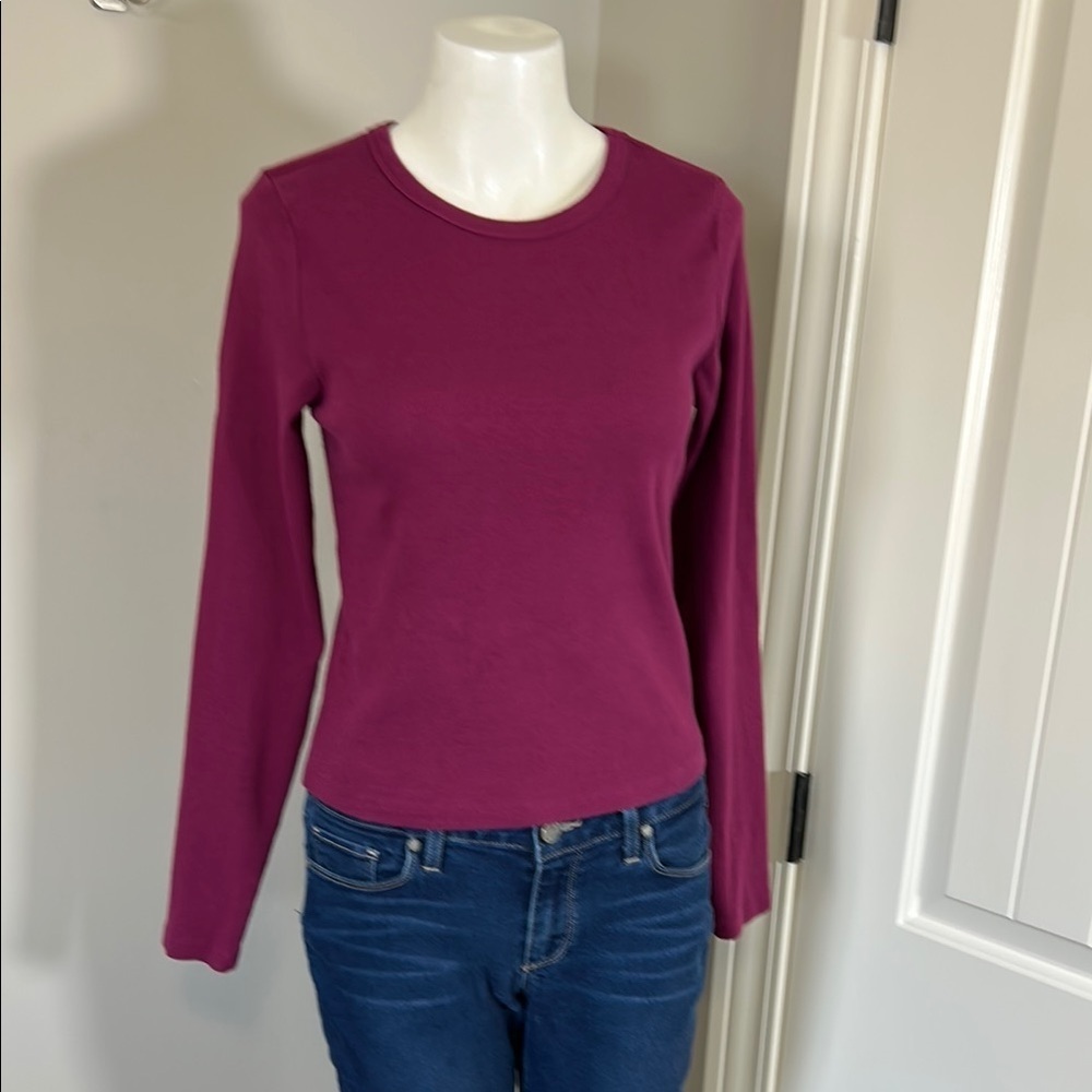 ANTHROPOLOGIE MAEVE Long Sleeve RIBBED TEE Crewneck Raspberry TOP Sz L